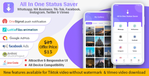 All In One Status Saver - Whatsapp, Whatsapp Business, Facebook, Instagram, TikTok, Twitter, Vimeo