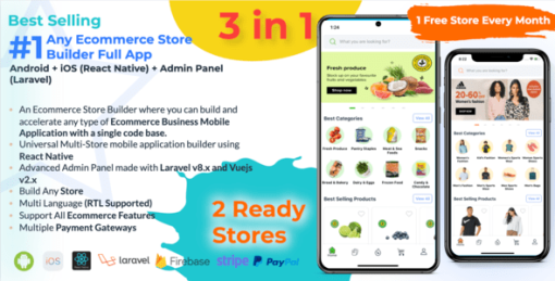 Any Ecommerce Store Builder Full App - React Native (AndroidiOS) + Admin Panel