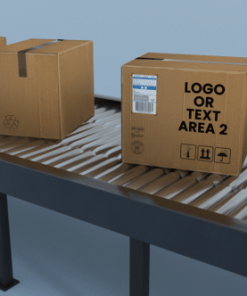 Boxes with changeable labels on the conveyor belt