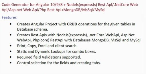 Code Generator for Angular 10/9/8+Apis NodeJs/.Net Core/Asp.net/Php+Databases MongoDB/MsSql/MySql