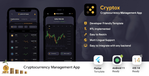 Crytocurrency Management Android App Template + iOS App Template | FLUTTER 2 | Cryptox