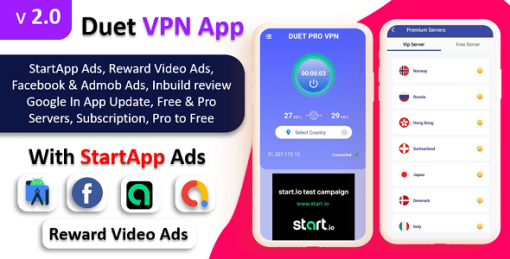 Duet Pro VPN App | Secure VPN App & Fast VPN | Subscription | StartApp Ads | Facebook & Admob Ads