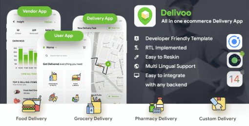 eCommerce Delivery Android + iOS App Template | 3 Apps User + Vendor + Delivery | IONIC 5 | Delivoo