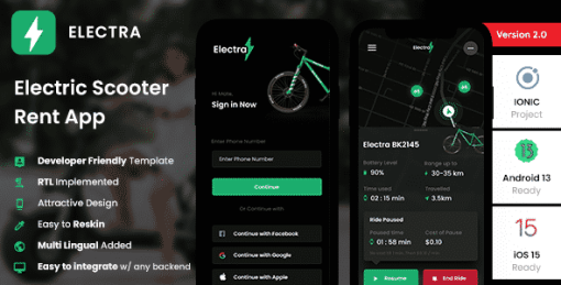 Electric Bicycle / Scooter on Rent App Android App template + iOS App Template | IONIC 6 | Electra