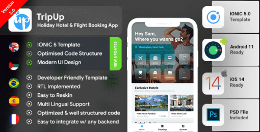 Flight Booking Android App + Flights iOS App Template| Hotel Booking App| IONIC 5| TripUp