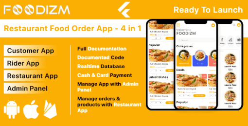 Foodizm - Restaurant Food Ordering App in Flutter - Customer, Restaurant, Rider App