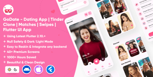 GoDate - Dating App | Badoo | Bumble | Happn | Social | Matches | Swipes | Tinder Clone Flutter UI