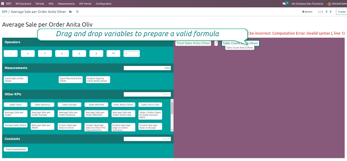 KPI calculation: formula parts