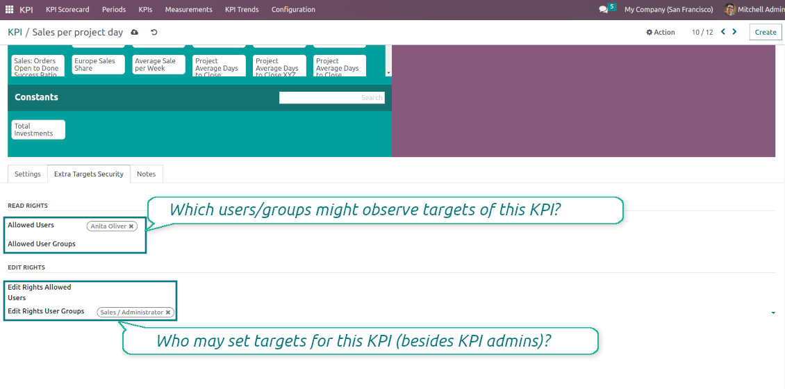 Odoo users and user groups for the KPI