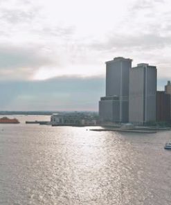 Lower Manhattan Urban Skyscrapers with Water Taxi Boat Whitehall South Ferry Terminal New York Way