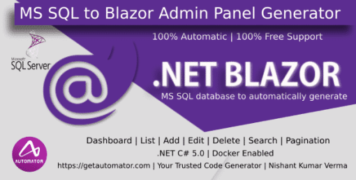 MS SQL to C# Blazor Entity Framework Admin Panel Generator .Net C# | Blazore Bootstrap Razor