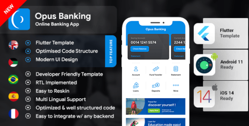 Online Banking Android App + Online Banking iOS App Template| Bank App| Opus Banking | Flutter