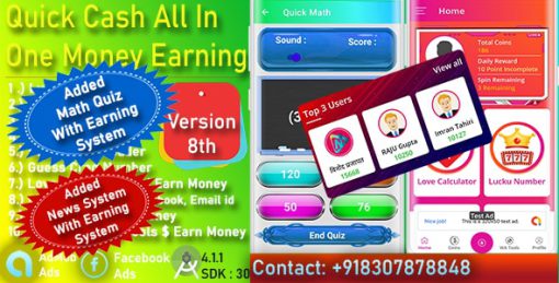 Quick Cash All In One Money Earning Android App + Games + WhatsApp Tools + Earning Quiz Admin Panel